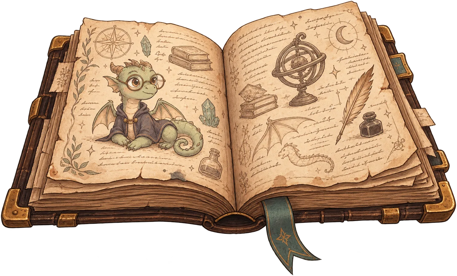 An open hand-painted tome resting on the desk
